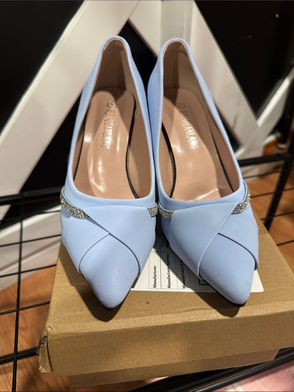 Light Blue Pointed Toe Pumps with Rhinestone Accent - Women